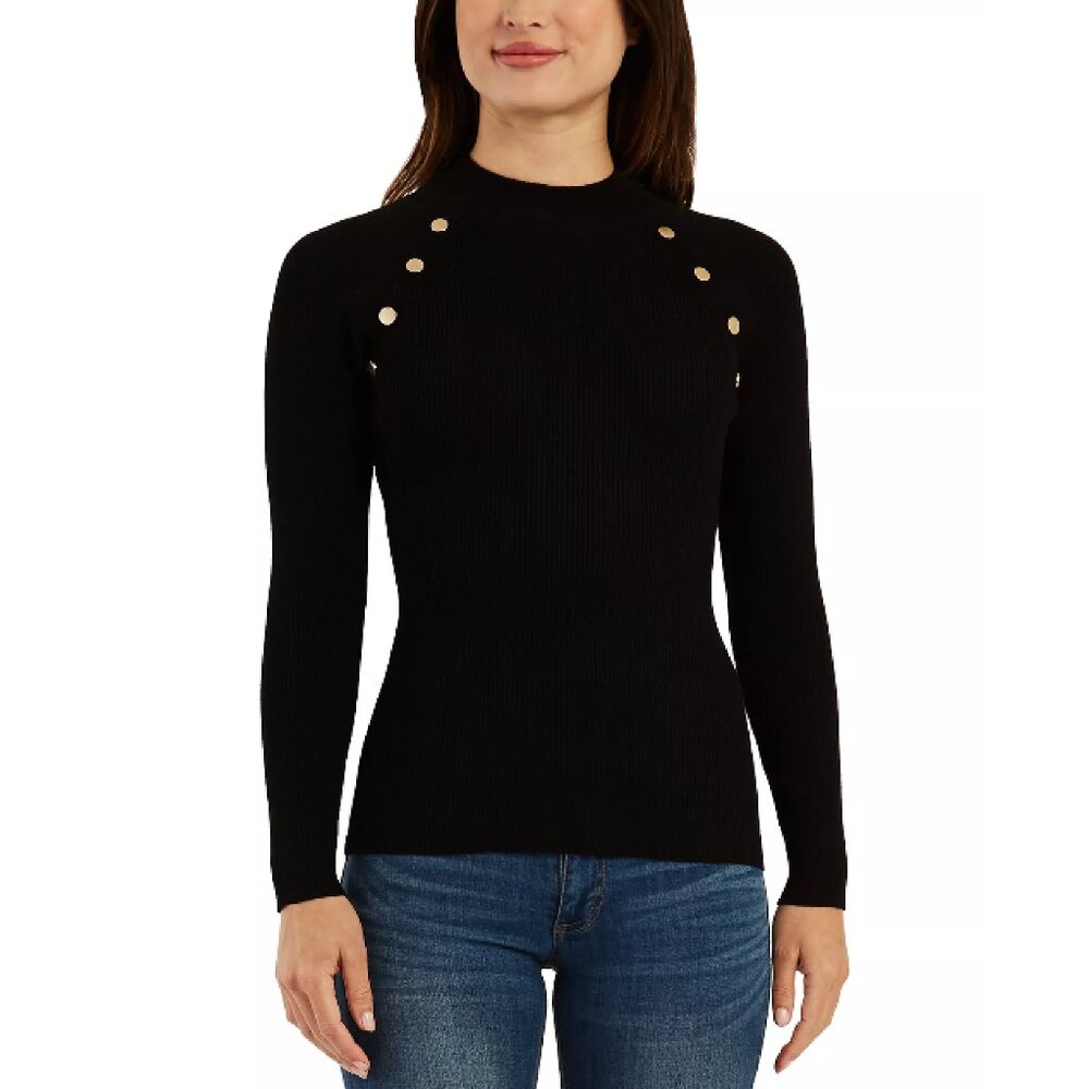 Rainbow Black Long Sleeve Mock Neck Ribbed Button Detail Top
